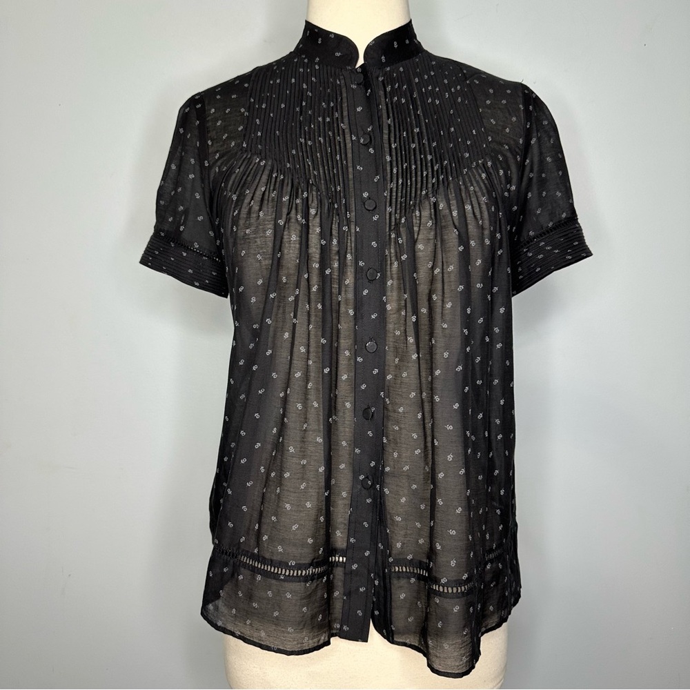 Metropark Black Cotton Silk Great Dainty Floral Sheer Pintuck Blouse Top Size S